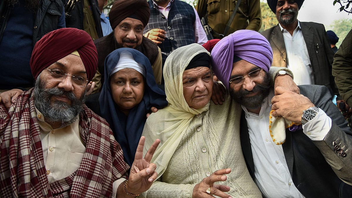 (Left to Right): DSGMC President Manjit Singh GK, Nirpreet Kaur and Jagdish Kaur, whose family members were killed during 1984 anti-Sikh riots, Akali Dal MLA Manjinder Singh Sirsa.