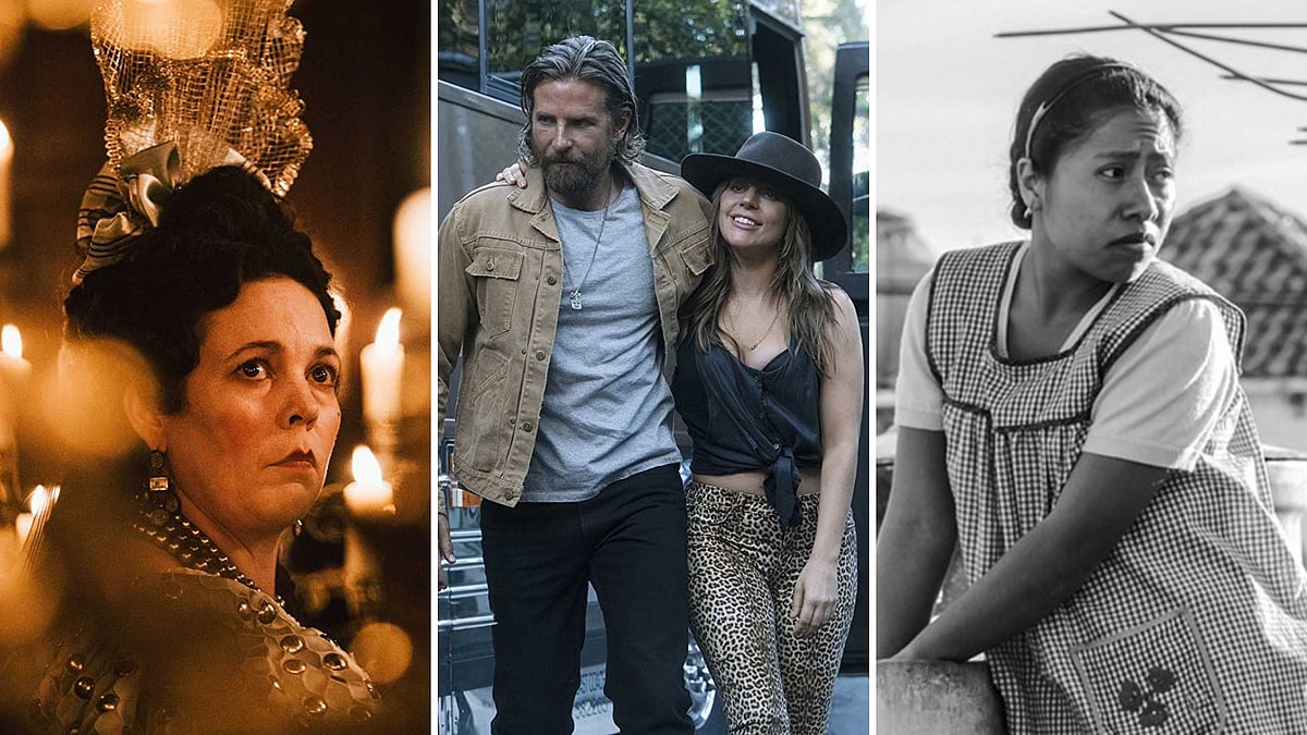 Stills from <i>The Favourite</i>, <i>A Star Is Born</i> and <i>Roma</i>.