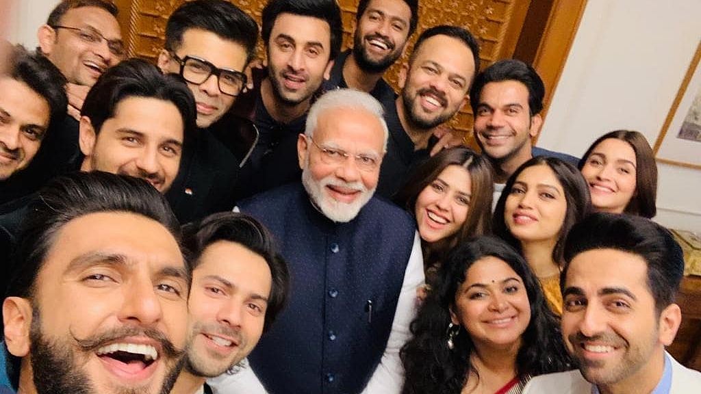 Sidharth Malhotra, Varun Dhawan, Ayushmann Khurrana,&nbsp; Alia Bhatt, Ranbir Kapoor, Ekta&nbsp; Kapoor, Vicky Kaushal, Bhumi Pednekarm Ranveer Singh, Rohit Shetty,&nbsp; Karan Johar and Ashwini Iyer Tiwari take a picture with PM Narendra Modi.&nbsp;