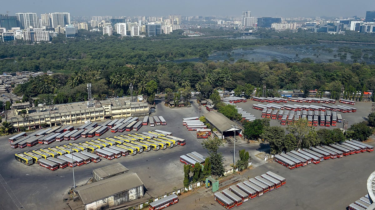 A view of Dharavi depot after over 32,000 employees of Mumbai’s civic transport undertaking BEST went on an indefinite strike since midnight over their demands, including higher wages.