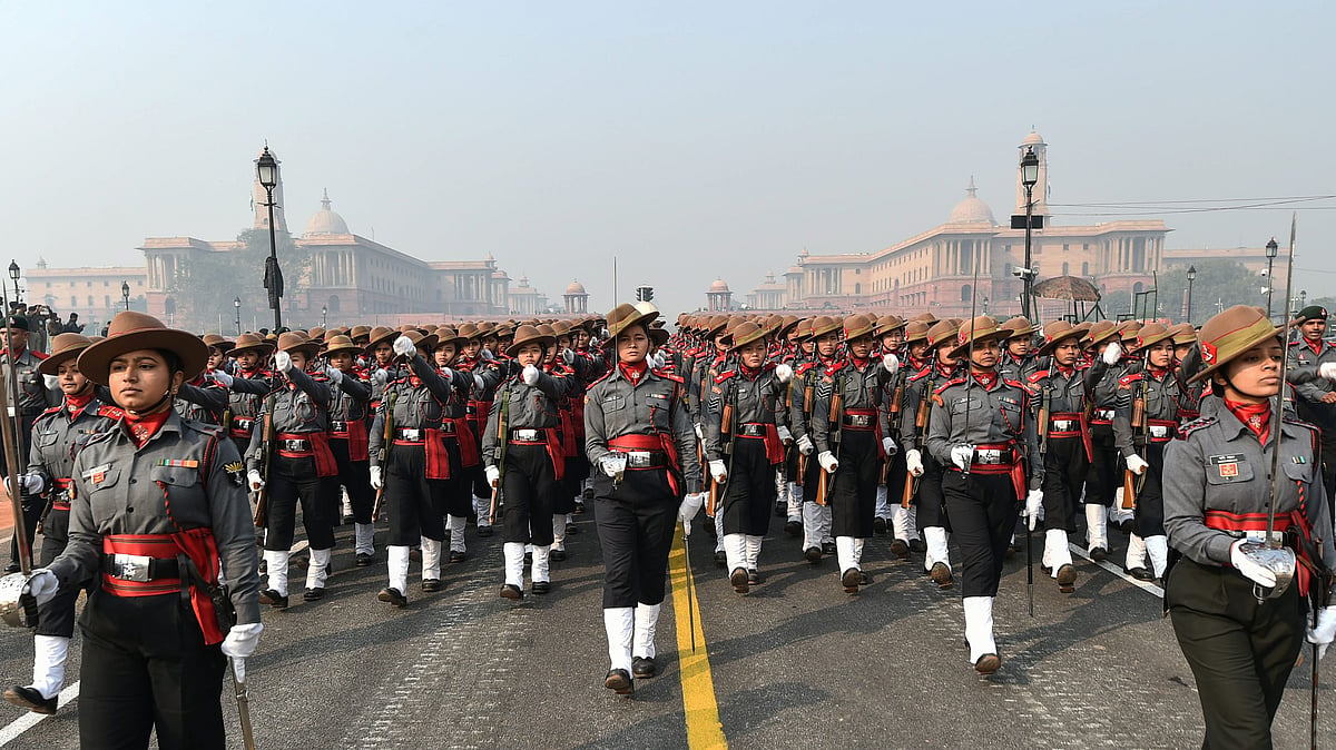  Para-military women contingent of Assam Rifles personnel march during rehearsals for the upcoming Republic Day parade 2019 at Rajpath, New Delhi.