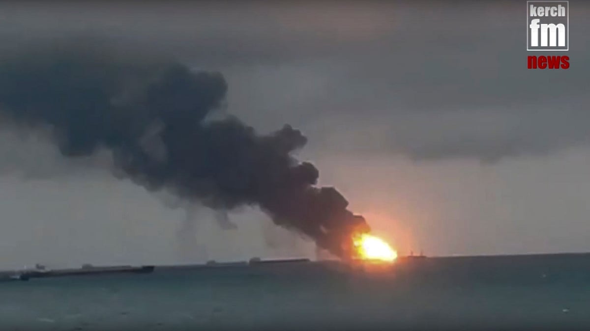 In this video grab provided by the Kerch.fm web portal, the two vessels were on fire near the Kerch Strait, in Kerch, Crimea, on Monday, 21 January. 