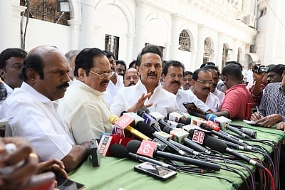 Chennai: Dravida Munnetra Kazhagam (DMK) President M. K. Stalin talks to media persons after walking out of the Tamil Nadu Assembly in Chennai, on Jan 8, 2019. (Photo: IANS)