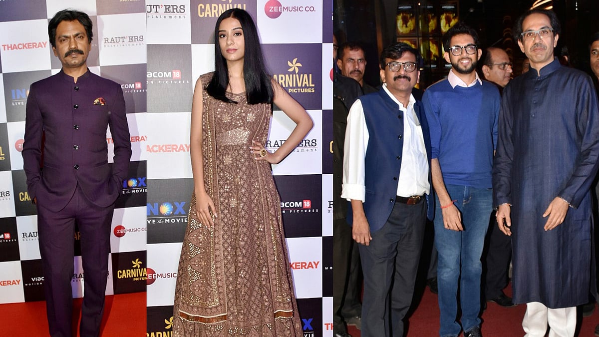 (L - R) Nawazuddin Siddiqui, Amrita Rao, Sanjay Raut, Aaditya and Uddhav Thackeray.