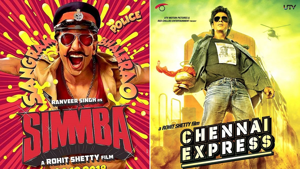 Posters for Rohit Shetty blockbusters <i>Simmba</i> and <i>Chennai Express</i>.