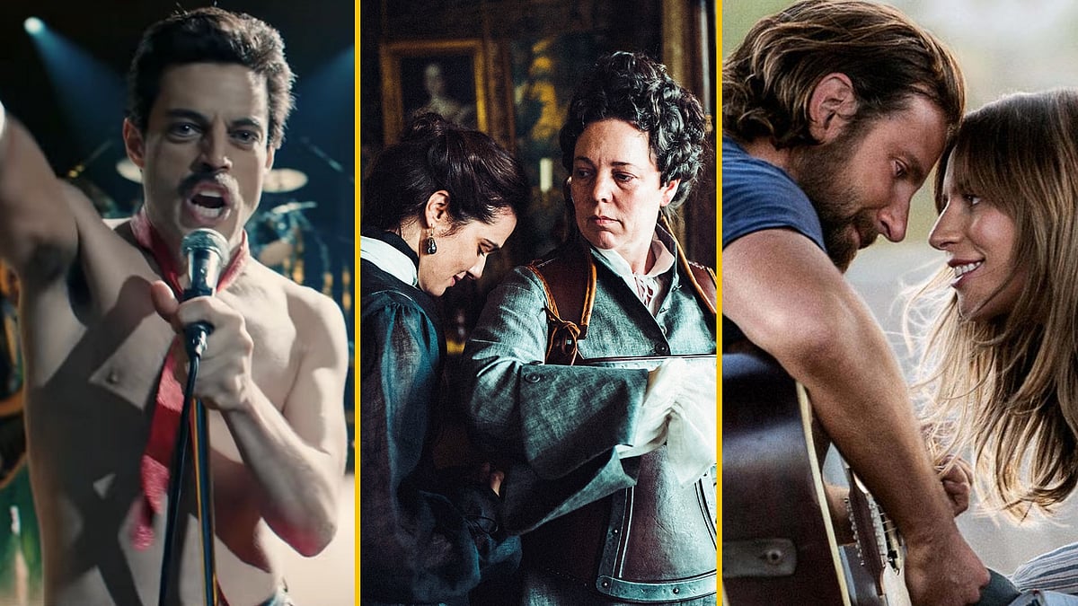 Stills from <i>Bohemian Rhapsody</i>, <i>The Favourite</i>, and <i>A Star Is Born</i>.