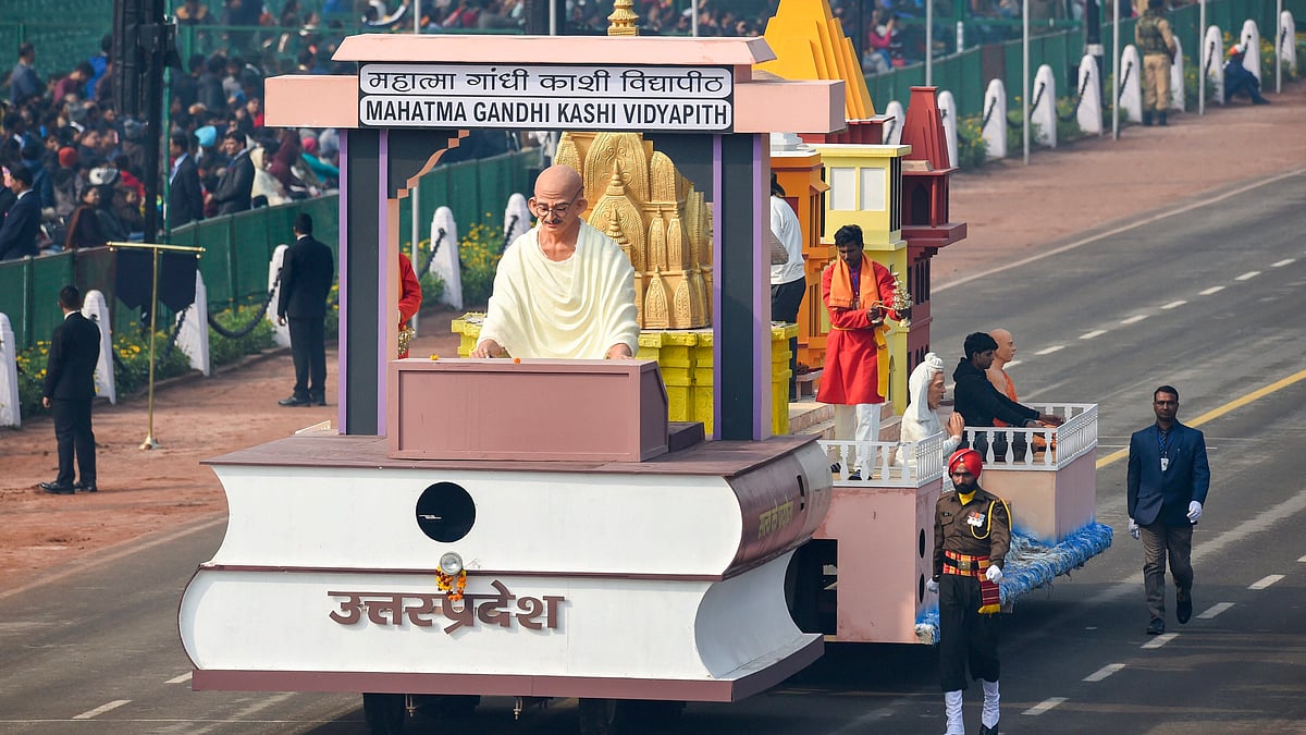 The Uttar Pradesh tableau on display at Rajpath during the full dress rehearsal for the 70th Republic Day Parade, in New Delhi.