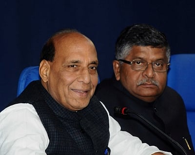 New Delhi: Union Ministers Rajnath Singh and Ravi Shankar Prasad address a press conference in New Delhi, on Jan 2, 2019. (Photo: IANS)