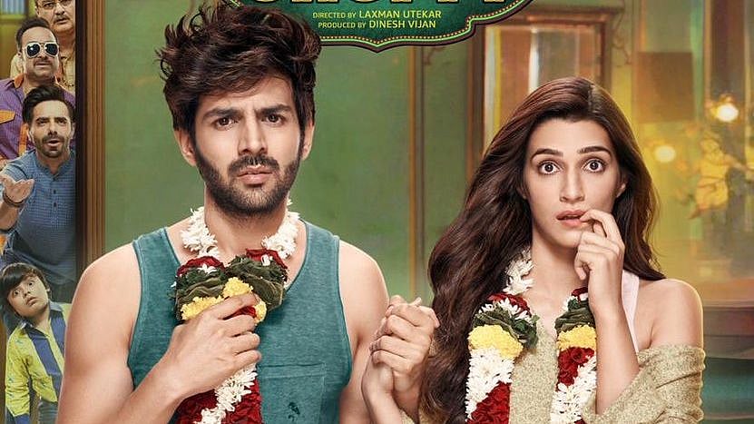 Kartik Aaryan-Kriti Sanon in a poster for&nbsp;<i>Luka Chuppi</i>.&nbsp;