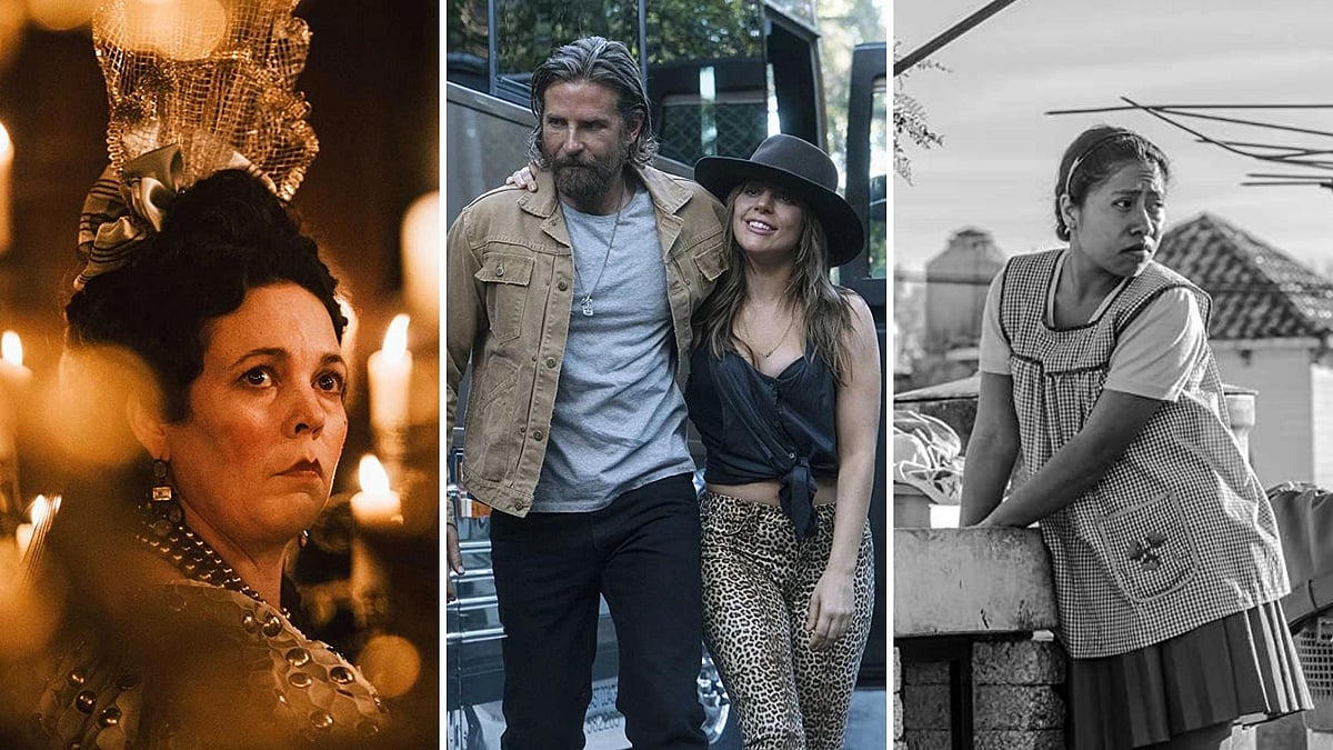 Stills from <i>The Favourite</i>, <i>A Star Is Born</i> and <i>Roma</i>.