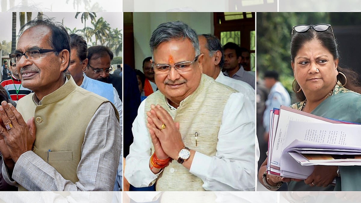 File photo of former Madhya Pradesh CM Shivraj Singh Chauhan, former Chhattisgarh CM Raman Singh and former Rajasthan CM Vasundhara Raje.