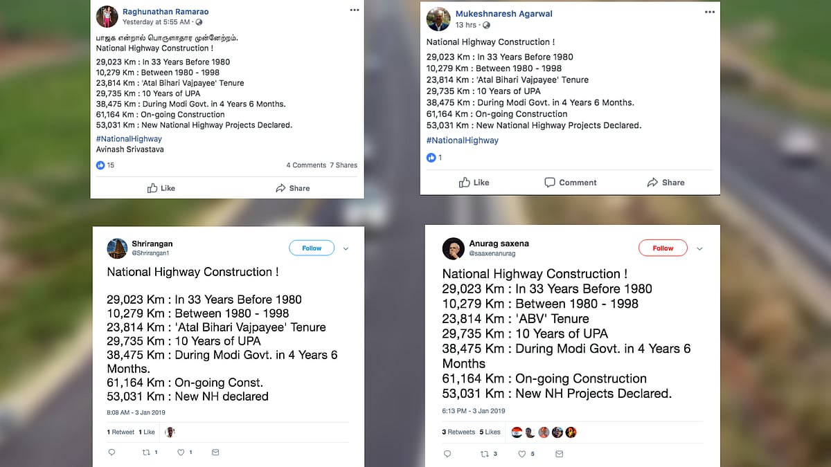 A viral post lists down the length of national highway constructed under different governments.