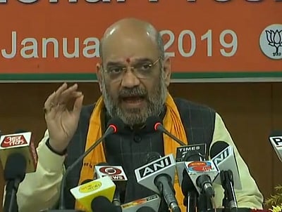 Agartala: BJP chief Amit Shah addresses a press conference in Agartala, on Jan 5, 2019. (Photo: IANS)