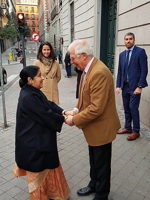 Madrid: External Affairs Minister Sushma Swaraj meets Spanish Foreign Minister Josep Borrell Fontelles in Madrid, Spain, on Feb 19, 2019. (Photo: IANS/MEA)