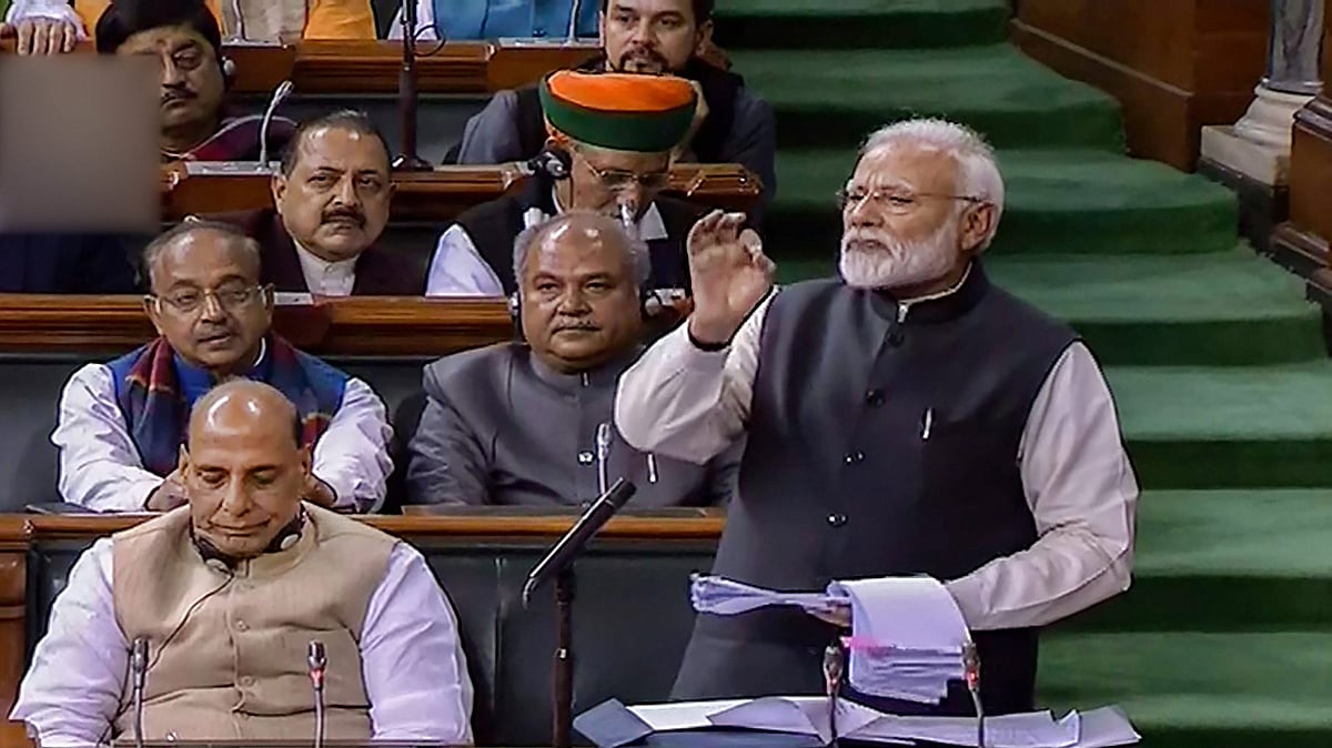 Prime Minister Narendra Modi addresses the Lok Sabha during the Budget Session of Parliament, in New Delhi.
