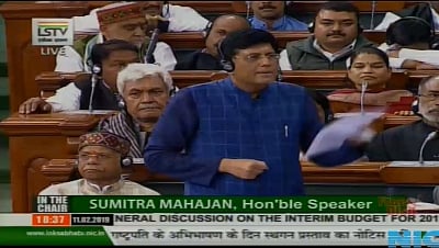 New Delhi: Union Finance Minister Piyush Goyal speaks in Lok Sabha, Parliament House in New Delhi on Feb 11, 2019. (Photo: IANS/LSTV)
