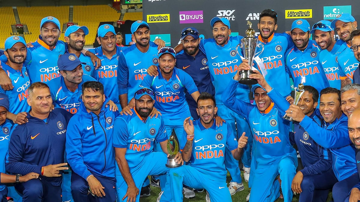 India win the fifth ODI against New Zealand by 35 runs.