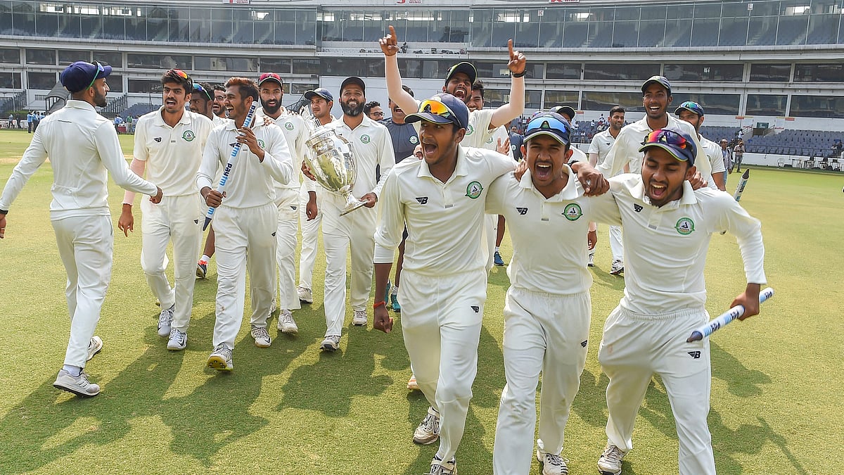 Nagpur: Vidarbha team players celebrate after defeating Saurashtra in the final cricket match of the Ranji Trophy 2018- 19, in Nagpur, Thursday, Feb. 07, 2019. 