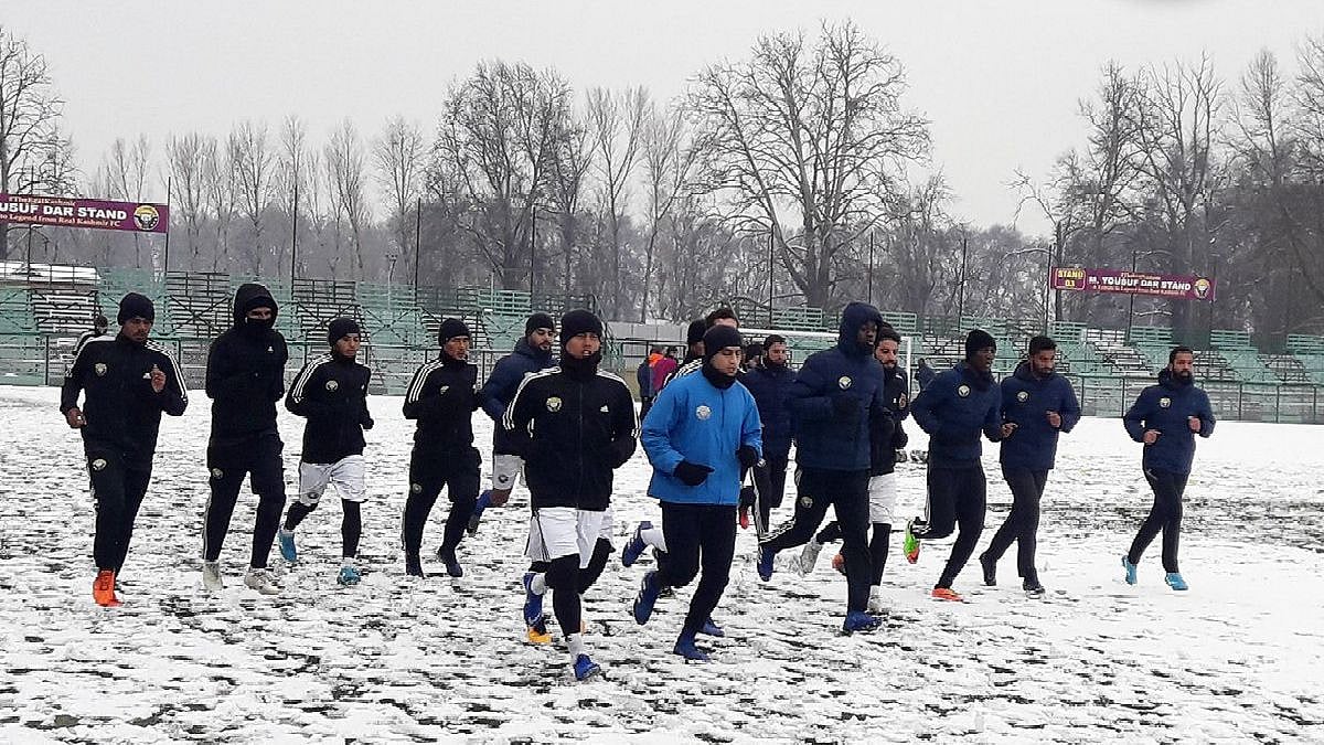 File picture of Real Kashmir FC players training at the TRC Astro Turf in Srinagar.