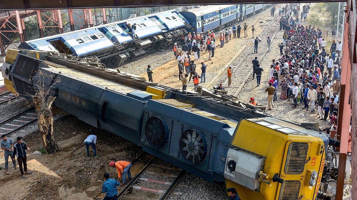 Rescue and relief works in progress after the Jabalpur-Ajmer Dayodaya Express train derailed at Sanganer Railway Station in Jaipur.