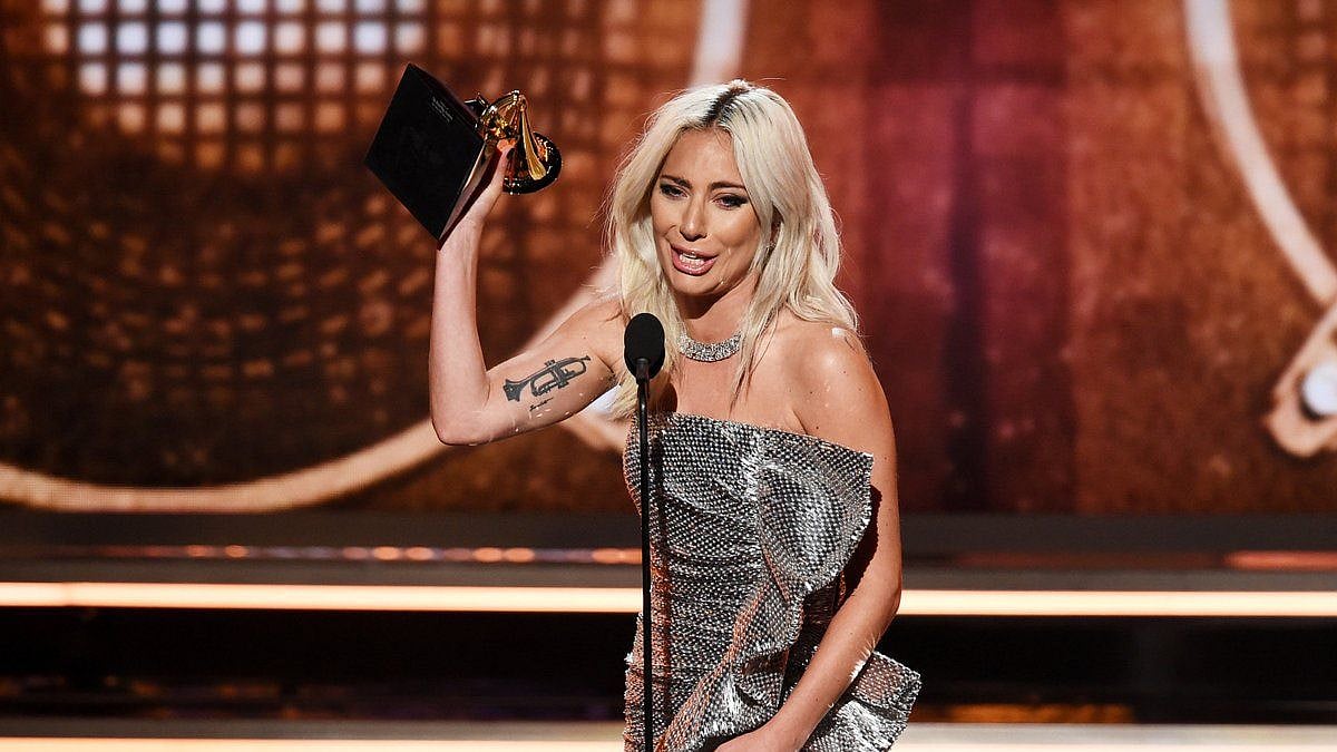 Lady Gaga accepting her award at the 2019 Grammys.