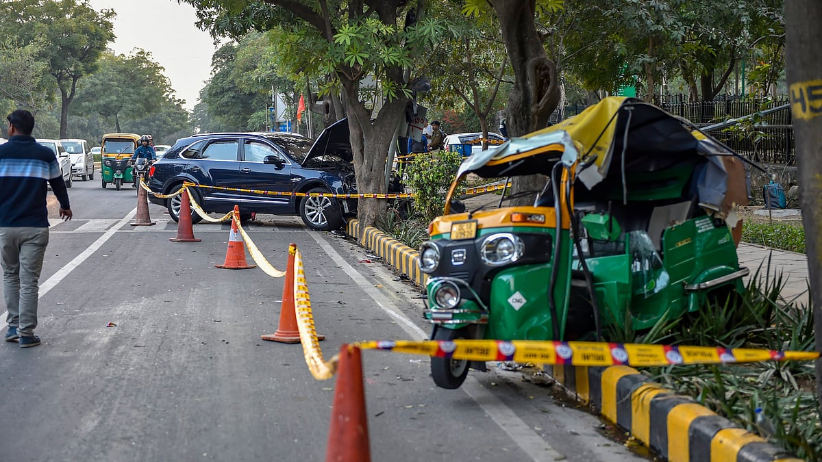 The mangled remains of the auto rickshaw which was hit by a Bentley sedan car reportedly driven by industrialist Ponty Chadha’s nephew seen at the accident site in New Delhi.
