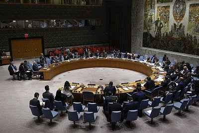 UNITED NATIONS, Feb. 27, 2019 (Xinhua) -- Photo taken on Feb. 26, 2019 shows the United Nations Security Council holding a meeting on the humanitarian situation in Syria, at the UN headquarters in New York. (Xinhua/Li Muzi/IANS)