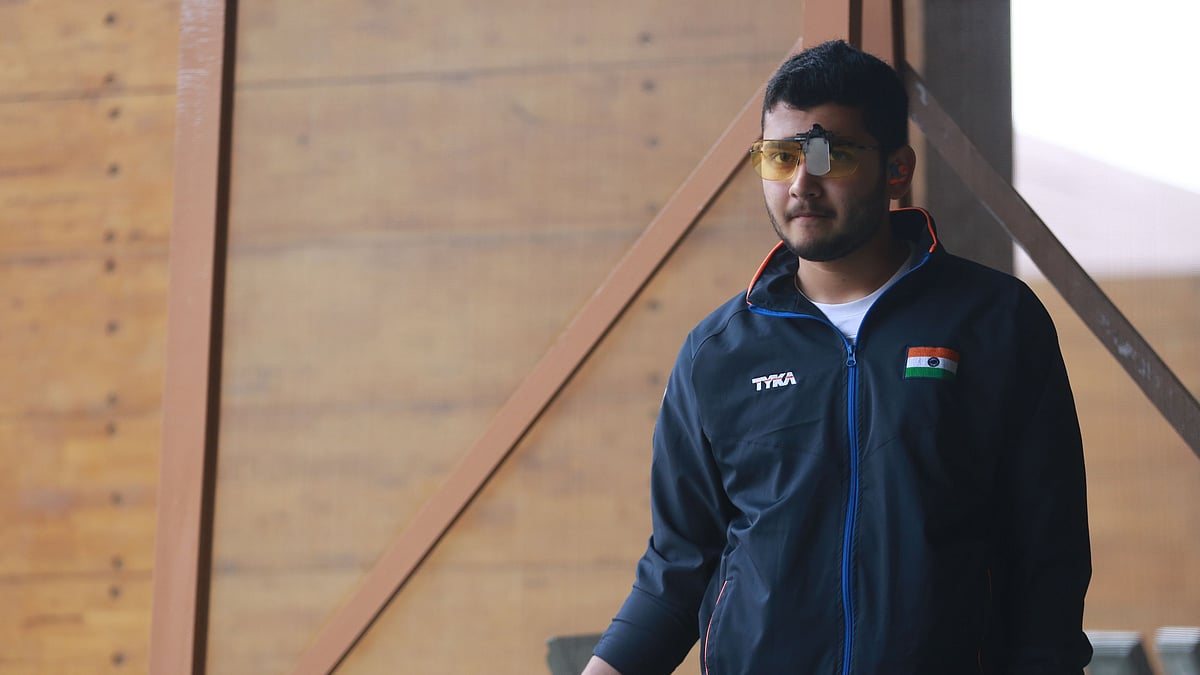 Anish Bhanwala during a practice session ahead of the ISSF World Cup in New Delhi.