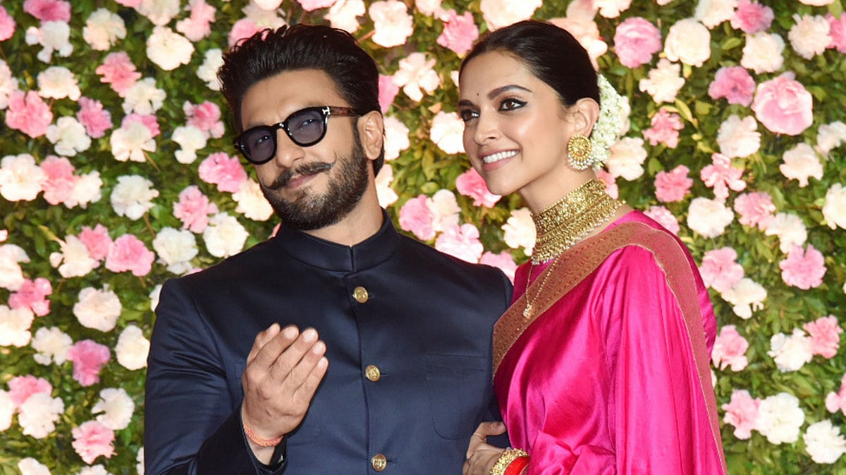 Ranveer and Deepika at a wedding reception in Mumbai.
