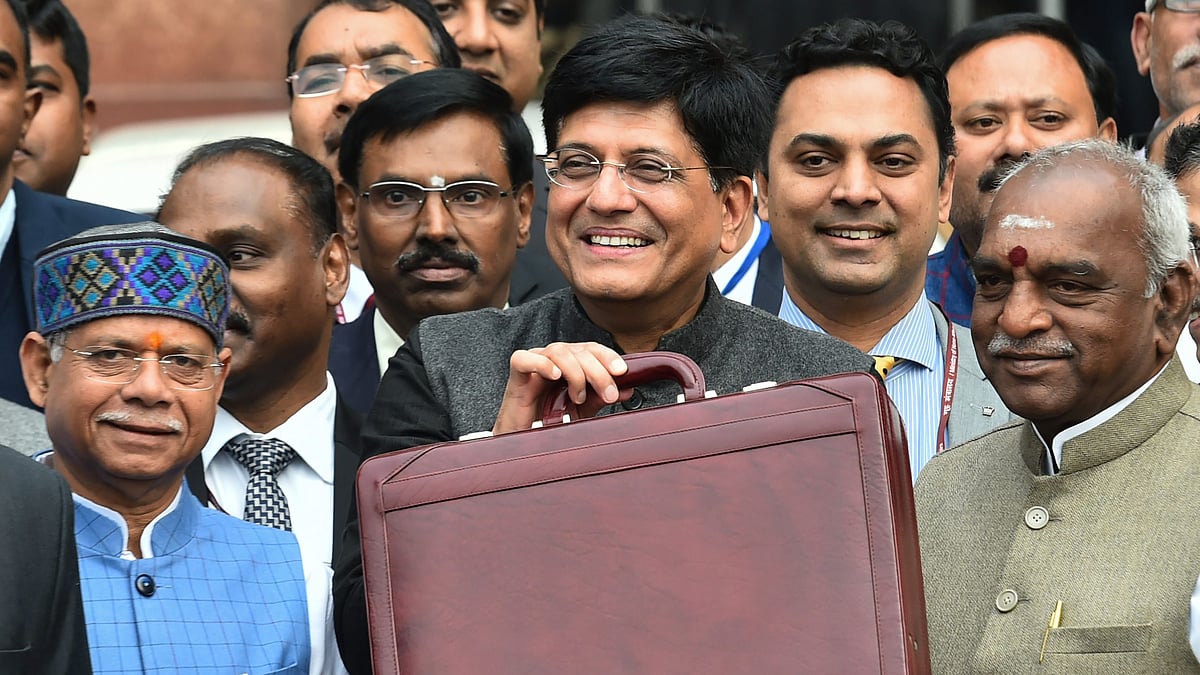 Piyush Goyal outside Parliament on Friday, 1 February
