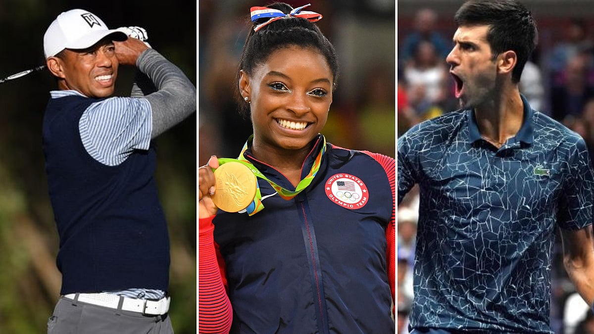 File pictures of Tiger Woods (left), Simone Biles and Novak Djokovic (right).