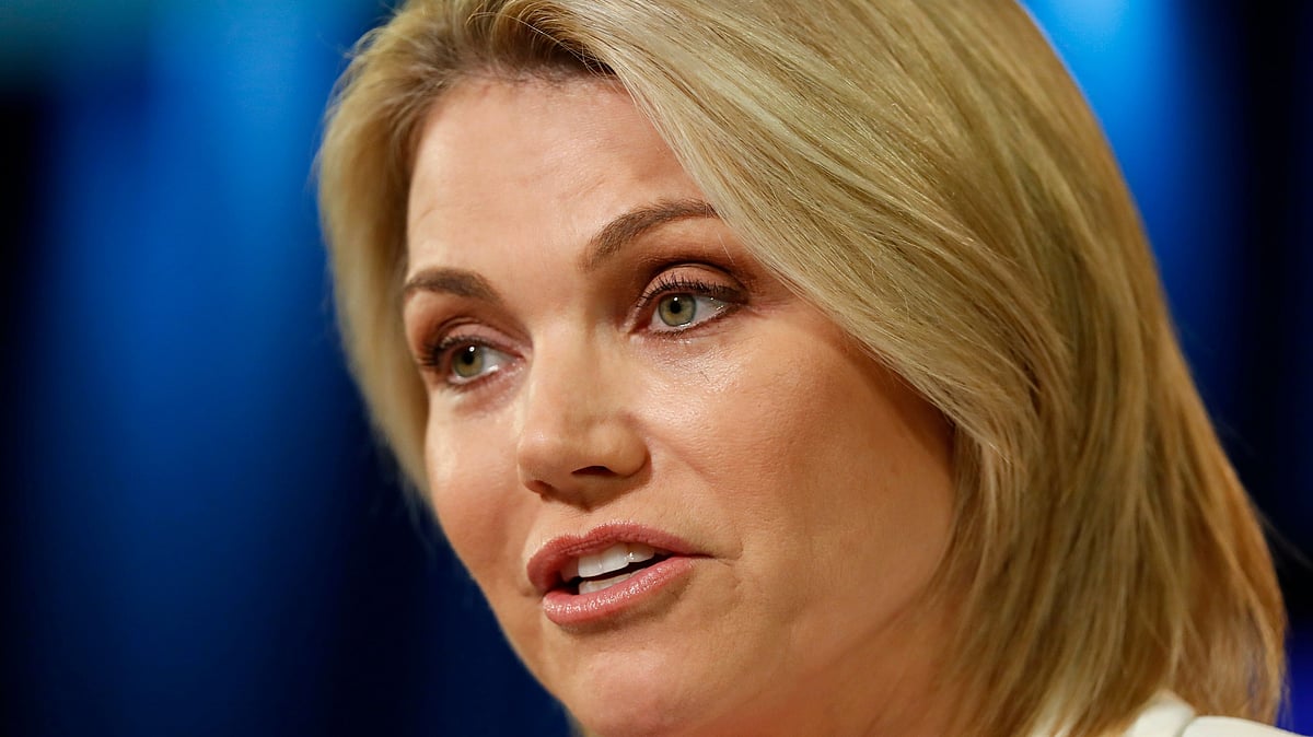 In this Aug. 9, 2017 file photo, State Department spokeswoman Heather Nauert speaks during a briefing at the State Department in Washington.