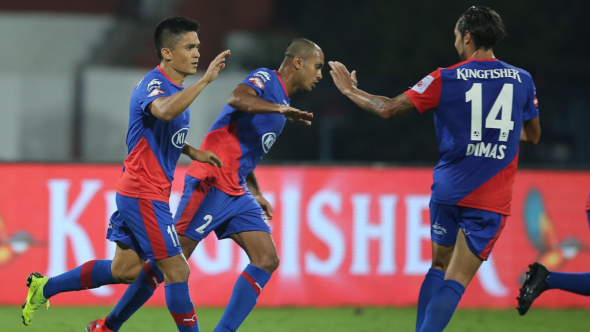 Sunil Chhetri of Bengaluru FC scores 2nd goal for the team against Kerala Blasters FC.