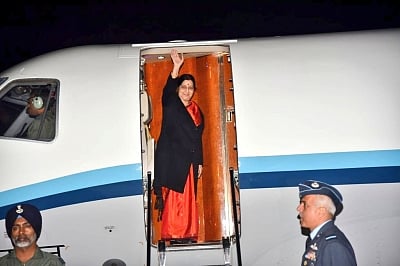 New Delhi: External Affairs Minister Sushma Swaraj leaves for Wuzhen, China to participate in 16th Foreign Ministers Meeting of Russia, India and China, from New Delhi on Feb 26, 2019. (Photo: IANS/MEA)