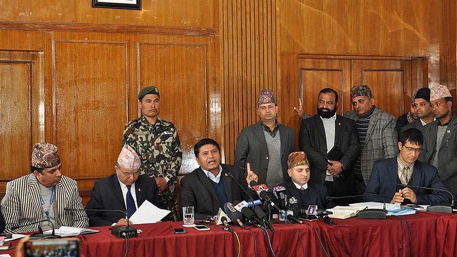 Tourism and Civil Aviation Minister Rabindra Adhikari (third from left, sitting).