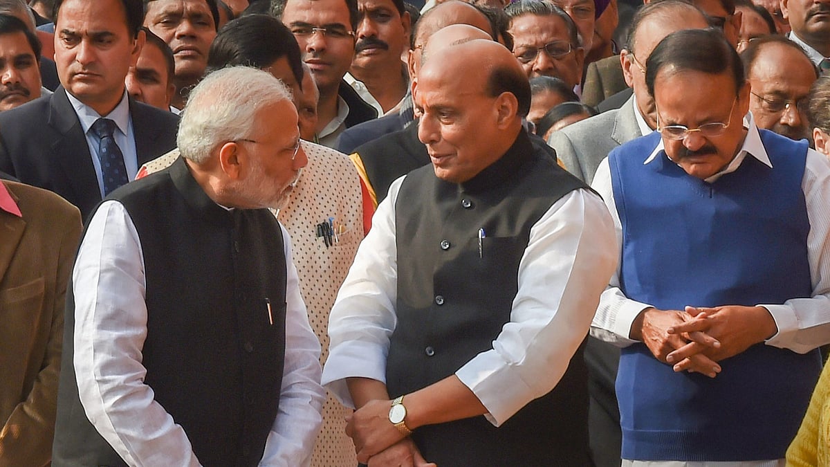 Home Minister Rajnath Singh with Prime Minister Narendra Modi and Vice President M Venkaiah Naidu.