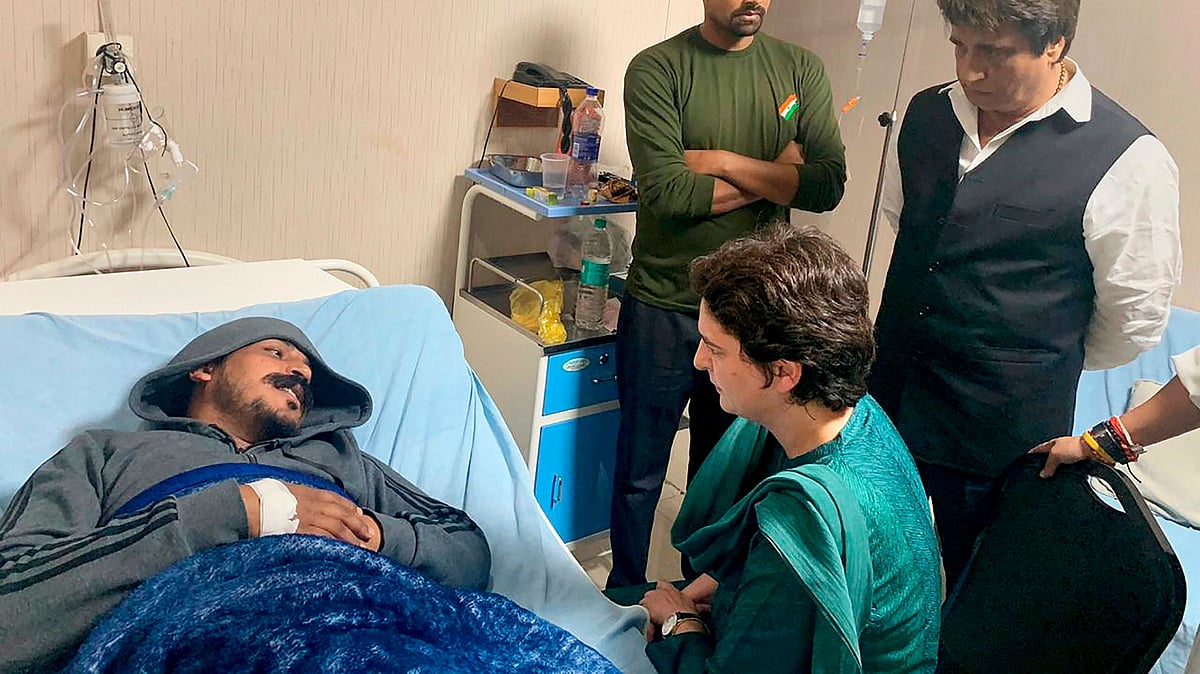 Congress General Secretary Priyanka Gandhi Vadra visits Bhim Army chief Chandrashekhar Azad at a hospital in Meerut on Wednesday. 