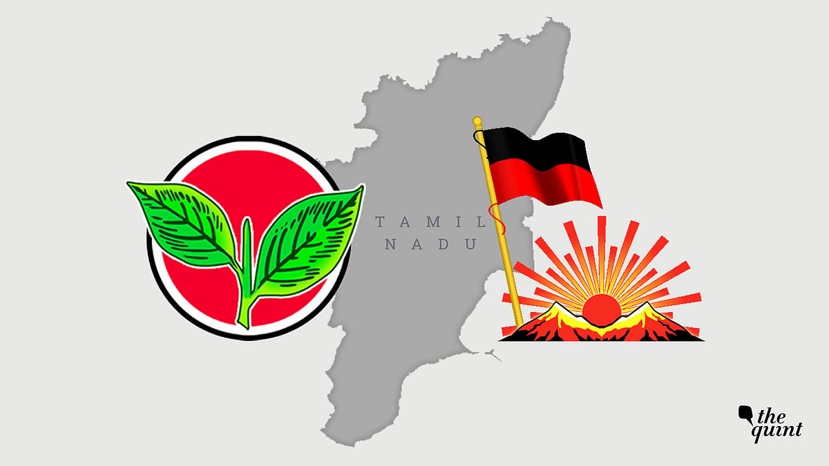 Image of Tamil Nadu map, AIADMK symbol (L) and DMK symbol (R) used for representational purposes.