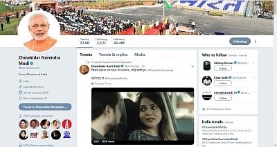 A day after launching the "Main Bhi Chowkidar (I am a watchman too)" campaign on social media, Prime Minister Narendra Modi on Sunday changed the title of his Twitter account to "Chowkidar Narendra Modi".