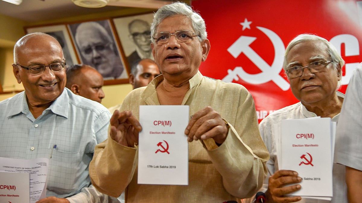 CPI(M) General Secretary Sitaram Yechury releases partys manifesto for the upcoming Lok Sabha elections at a press conference.