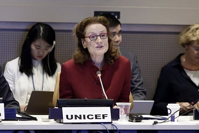 UNITED NATIONS, June 14, 2018 (Xinhua) -- UNICEF Executive Director Henrietta Fore addresses a high-level symposium on the Chinese Belt and Road Initiative and the UN 2030 Agenda for Sustainable Development at the UN headquarters in New York June 13, 2018. The vision of the Belt and Road Initiative is also a vision for children, as China