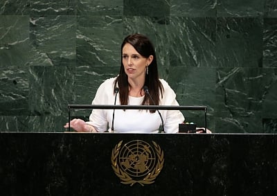 UNITED NATIONS, Sept. 28, 2018 (Xinhua) -- New Zealand Prime Minister Jacinda Ardern addresses the General Debate of the 73rd session of the United Nations General Assembly at the UN headquarters in New York on Sept. 27, 2018. (Xinhua/Qin Lang/IANS)