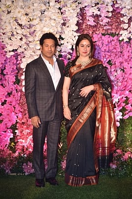 Mumbai: Cricket legend Sachin Tendulkar along with his wife Anjali Tendulkar at the wedding reception of Akash Ambani and Shloka Mehta in Mumbai on March 10, 2019. (Photo: IANS)