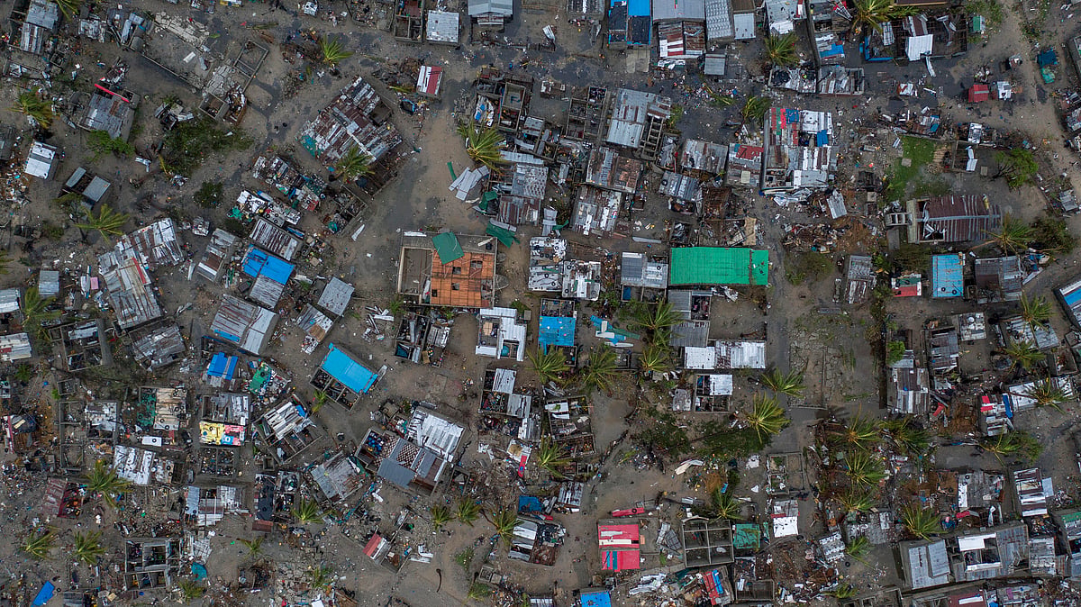 Seen from a drone Praia Nova Village, one of the most affected neighbourhoods in Beira, razed by the passing cyclone, in the coastal city of Beira, Mozambique, Sunday 17 March, 2019. Families are returning to the vulnerable shanty town following cyclone high winds and rain. More than 1,000 people are feared dead in Mozambique four days after a cyclone slammed into the southern African country.