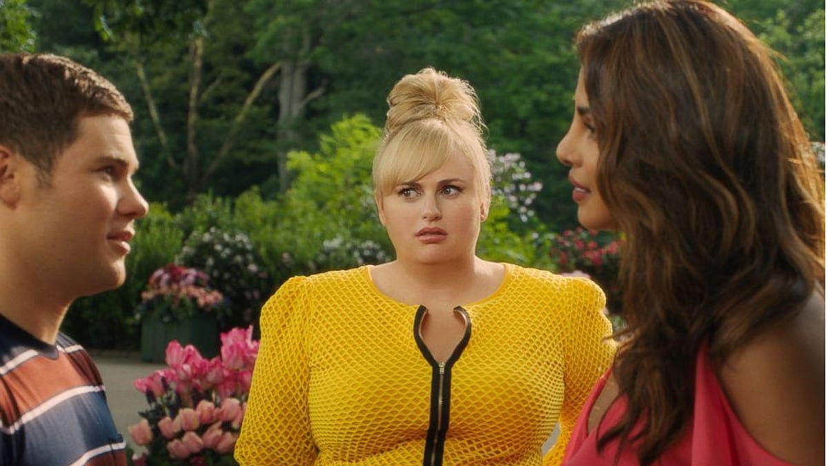 Rebel Wilson, Adam Devine and Priyanka Chopra in a still from <i>Isn’t it Romantic</i>.