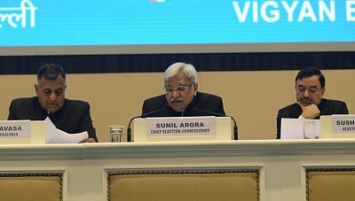 New Delhi: Chief Election Commissioner Sunil Arora accompanied by Election commissioners Ashok Lavasa and Sushil Chandra, addresses a press conference to announce the 2019 Lok Sabha election schedule, at Vigyan Bhavan in New Delhi, on March 10, 2019. (Photo: IANS)