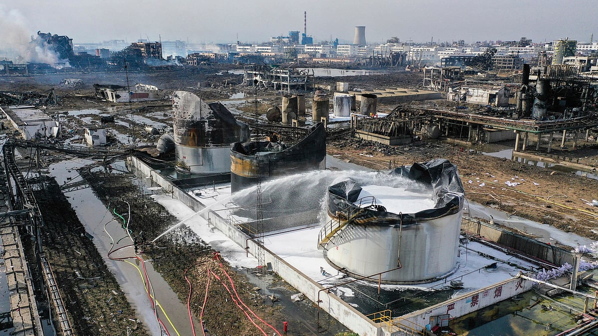 Foam is sprayed at the site of an explosion at a chemical industrial park in Xiangshui county of Yancheng in eastern China’s Jiangsu Province. 