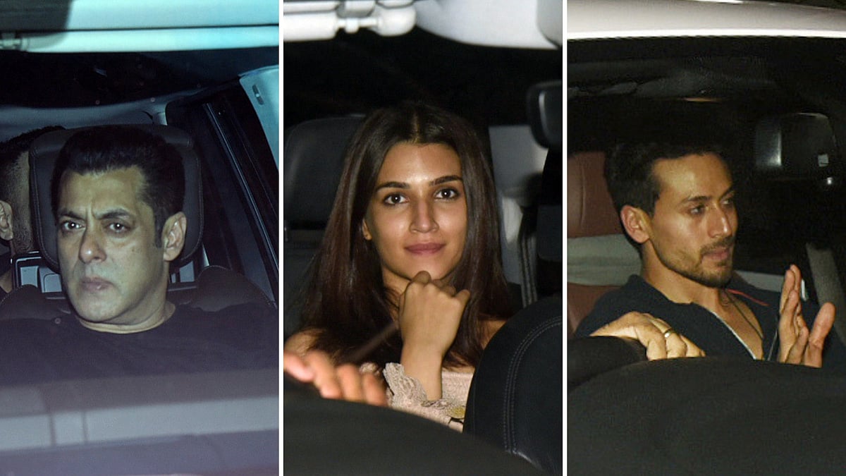 Salman Kahan (L), Kriti Sanon (C) and Tiger Shroff (R) at a screening of <i>Notebook</i>.