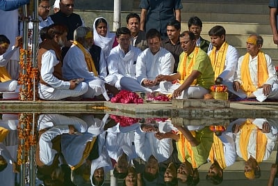 Pushkar: Congress President Rahul Gandhi and party leaders Sachin Pilot and Rajeev Shukla offer prayers at the Jagatpita Brahma Temple in Rajasthan