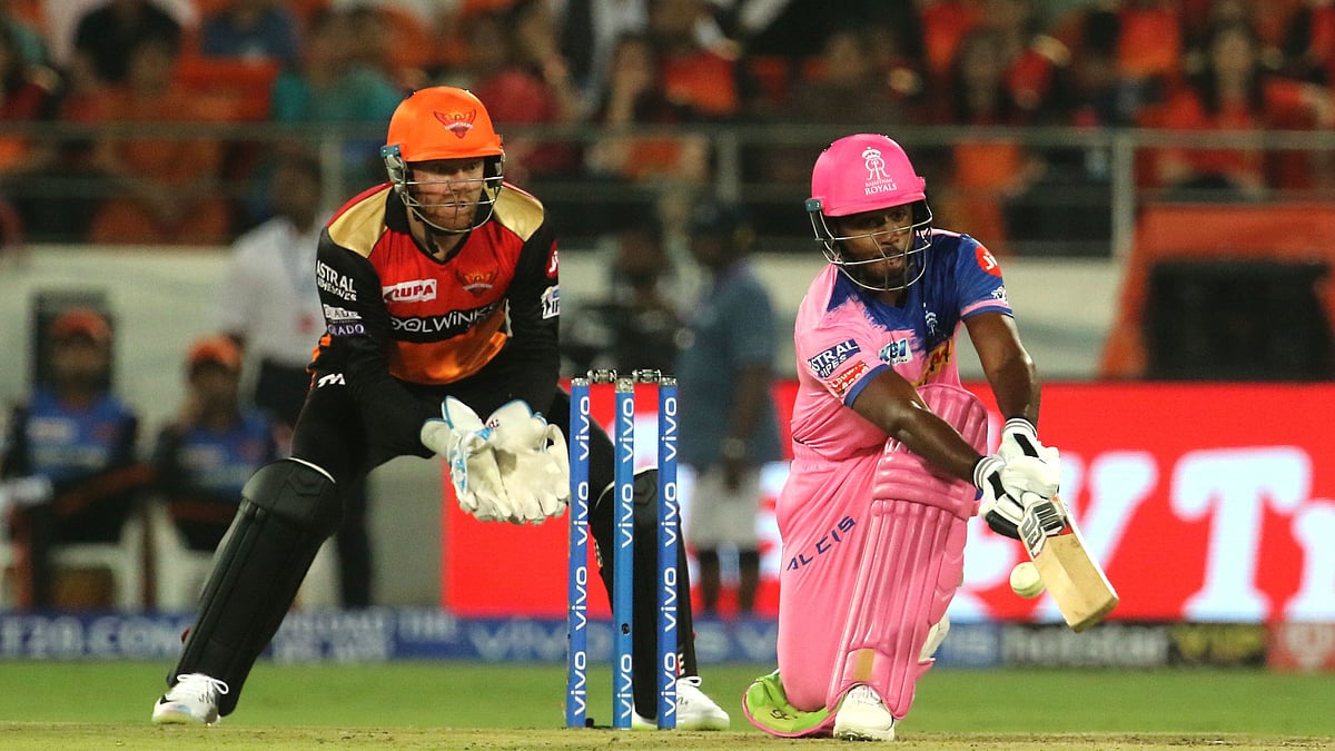 Sanju Samson plays a shot against Sunrisers Hyderabad.